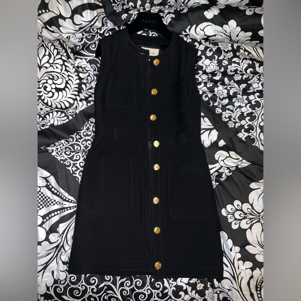 Gucci Sleeveless GG Gold Belted Vest Gold Jewel Logo Buttons Dress